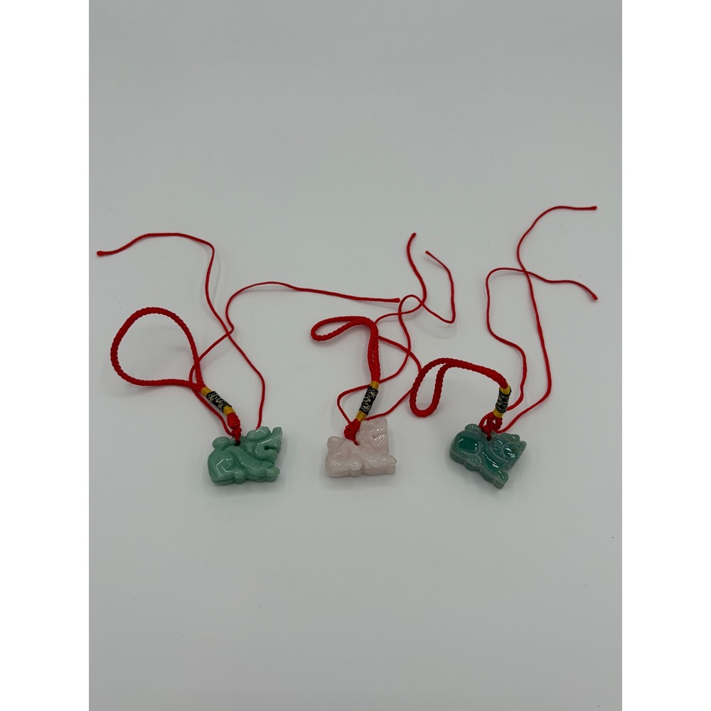 3pc Carved Jade Pink Quartz PiXiu Dragon Pendants Red Cord Necklace Set Luck